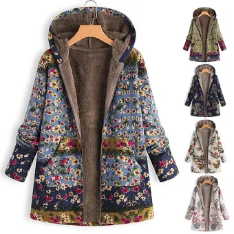 floral print hooded long sleeve pockets vintage coat