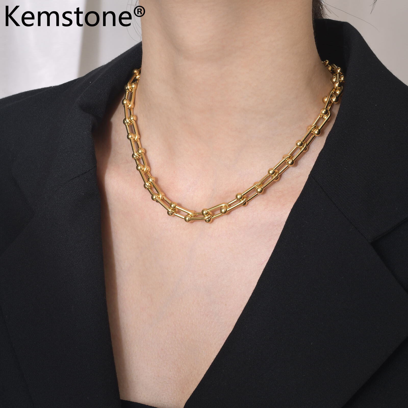 Kemstone Stainless Steel U Shape Gold Plated Link Chain Necklace Jewelry Gift For Women