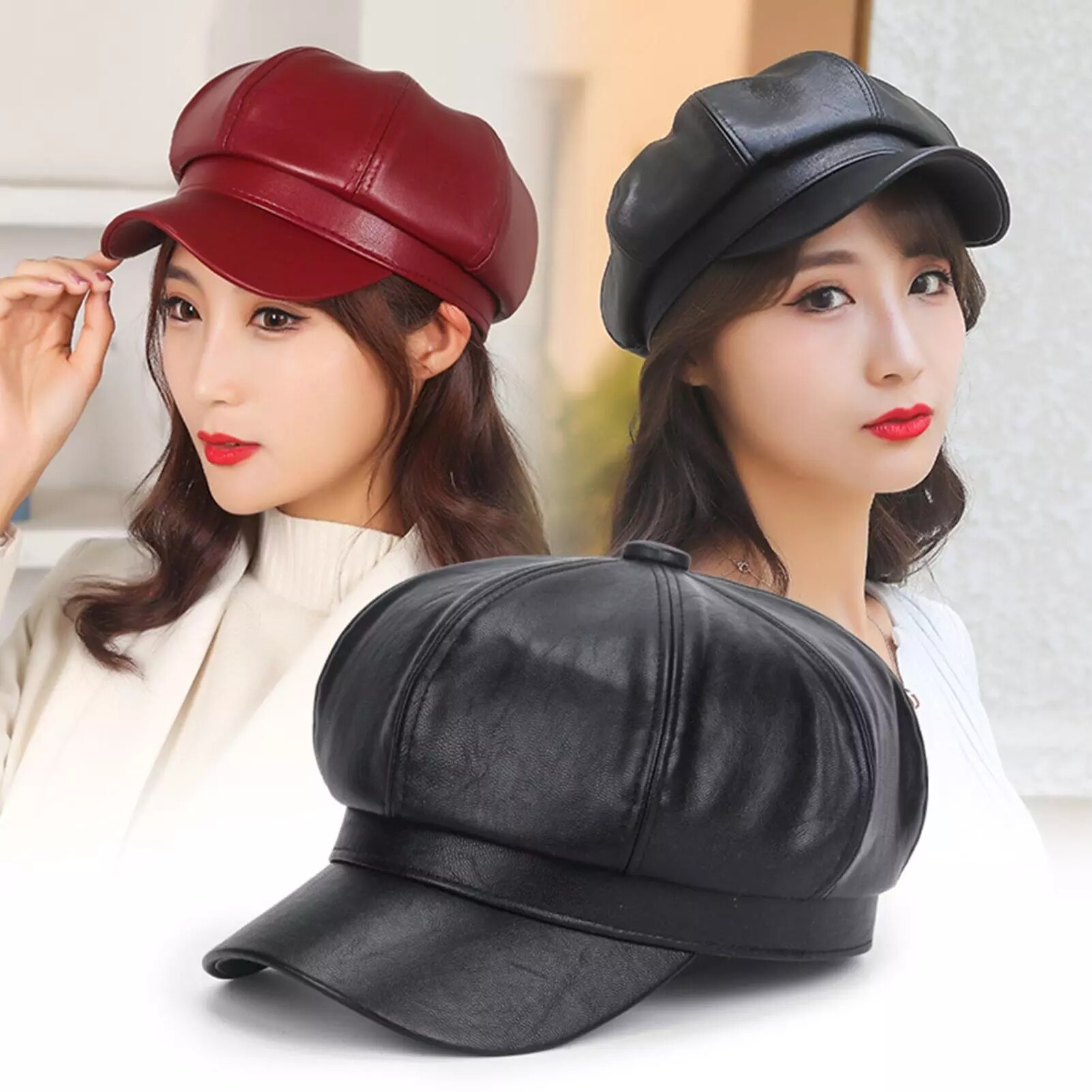 【♡Lovely girls house♡】Women PU Octagonal Cap Fashion Leather Hat Duck Tongue Cap Beret Women Hat Winter Hat