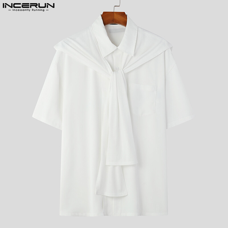 INCERUN Mens Short Sleeve Casual Loose Lapel Fashion Blouse Detachable Cape Shirts Tops