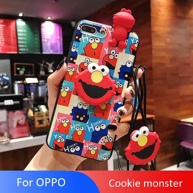 Super Lucu Cookie Monster Lembut Casing Silikon Casing Ponsel Lucu 3 In 1 Cover dengan Finger Holder dan Neckrope untuk OPPO RENO/K3 /F11Pro/F11/F9/F7/K1/R17/R11/R9/R9P/A83 /A79/A77/A71