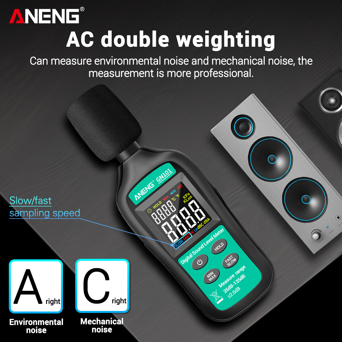 Smart Sensor Digital Noise Meter 35db-135db Decibel Meter LCD Display Sound Level Meter High-precision Sound Decibel Monitor Professional Noise Tester Household Noise Measuring Instrument with Condenser Microphone