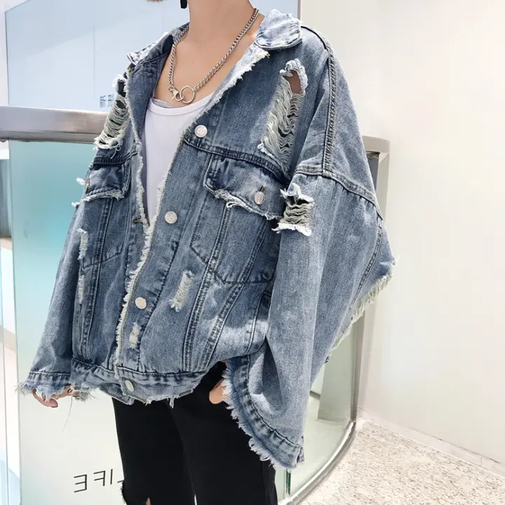 destroyed long denim jacket