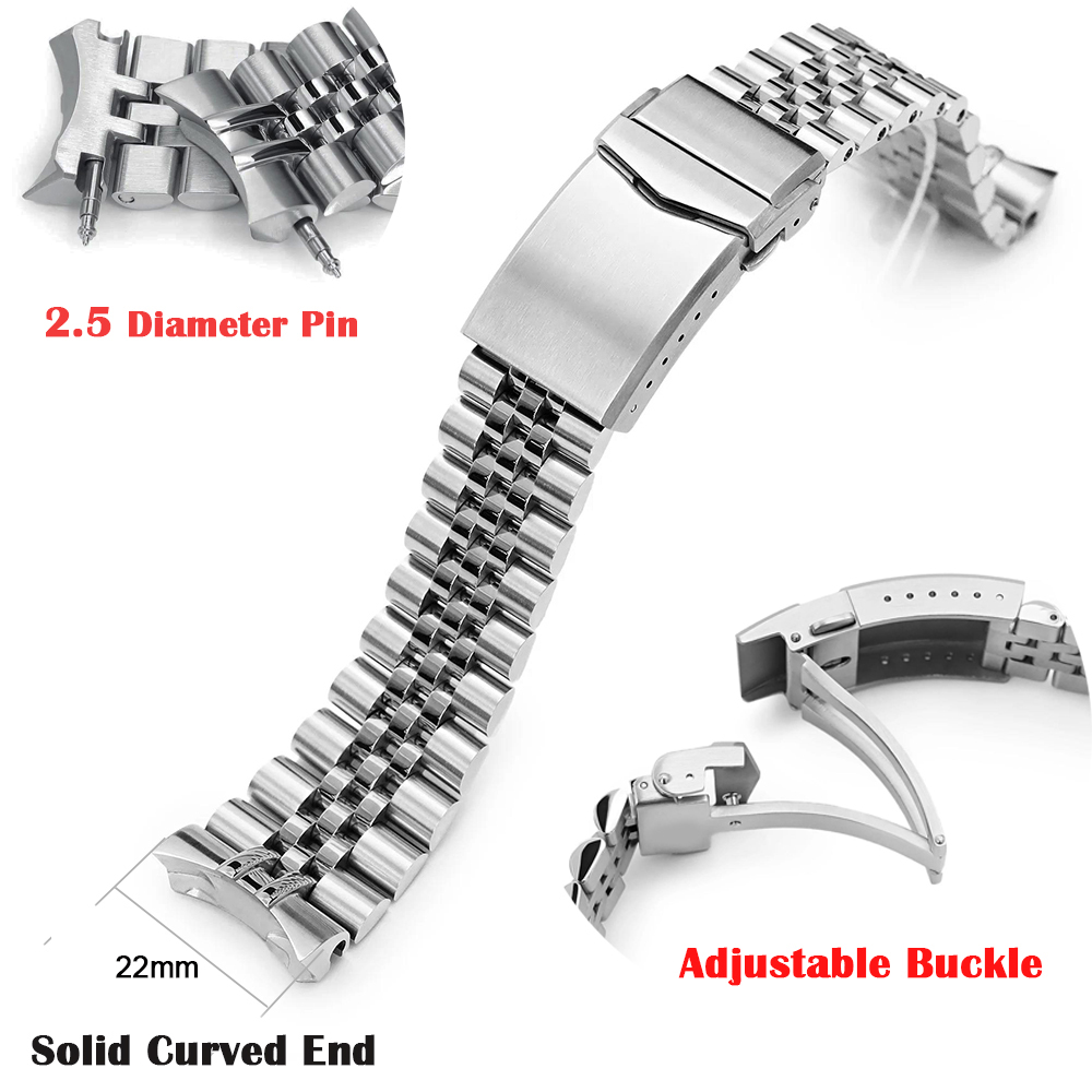 Jubilee curved bracelet watchband 22mm for seiko srpa21 srp777/773 srpc25 solid arc elbow stainless steel strap with 2.5mm pin
