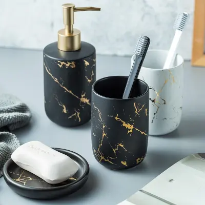 Lidiliya Luxury Ceramic Bathroom Accessory Set Marble Soap Dispenser Pump Bottle Home Couple Mouthwash Cup Soap Dish Washing Tools