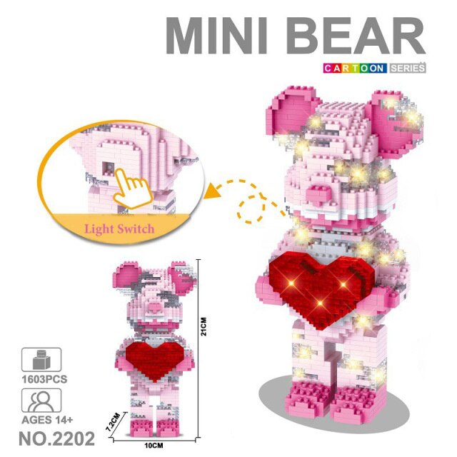 DIY Net Red Love Violent Bear Model Bricks With Lighting Set Mini Animal Assembled Building Blocks Educational Decoration Toy