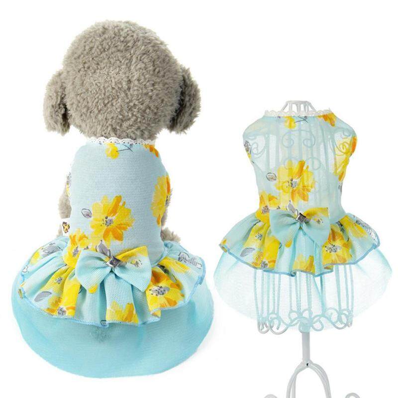 Fuwen®Nữ Dog Dress Hoa In Ren Bow Gạc Chắp Vá Không Tay Pet Quần Áo Màu Xanh