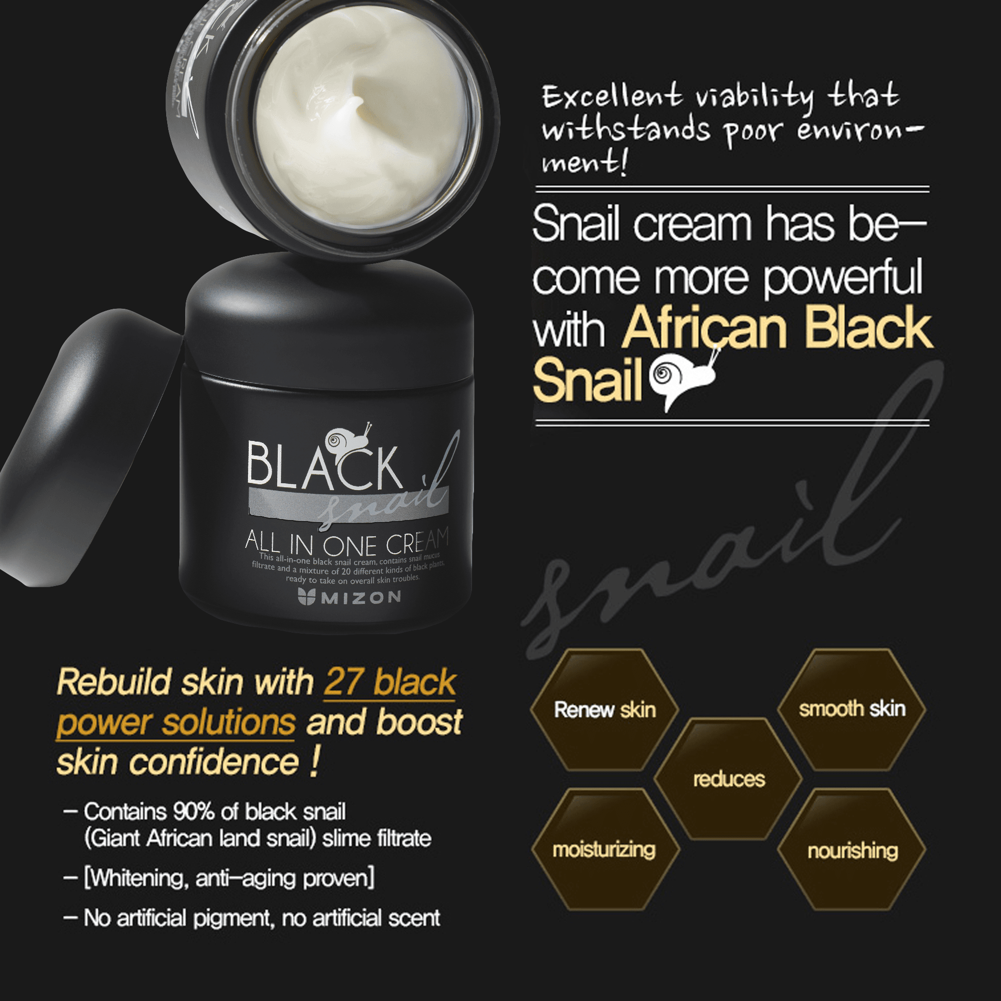 Mizon Black Snail All in One Cream - Multi-Functional Facial Skincare for Revitalized Skin, Restores Youthful Radiance, Suitable for all skin types