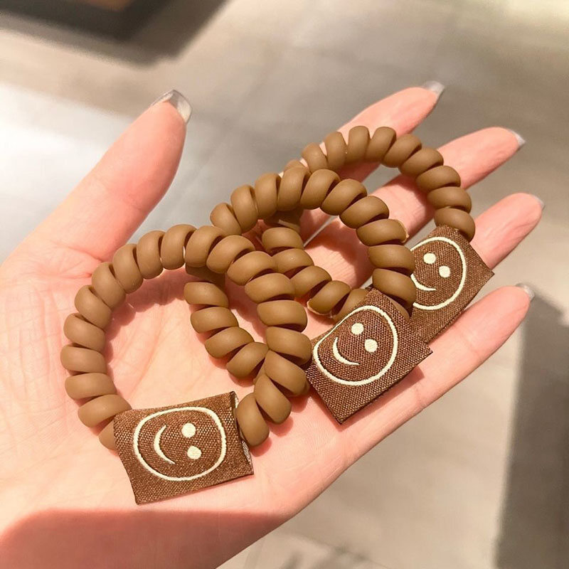 Phone Line Hair Ring for Women Fashion Coffee Color Elastic Hair Rope Cartoon Smile Rubber Band Korean Style Ponytail Holder