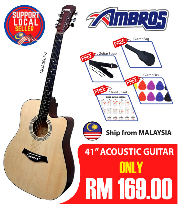 [Guitar Starter Pack] Ambros 41 Inch Dreadnought Acoustic Guitar with Cutaway - Natural Malaysia