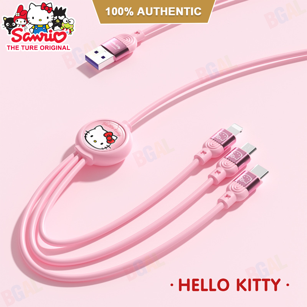 100% Authentic Hello Kitty Accessories 3 in 1 Charging Cable USB Cable Type C Lightning Cable Sanrio Micro USB Cable Fast Charging for iOS and Android Smartphone AQ1