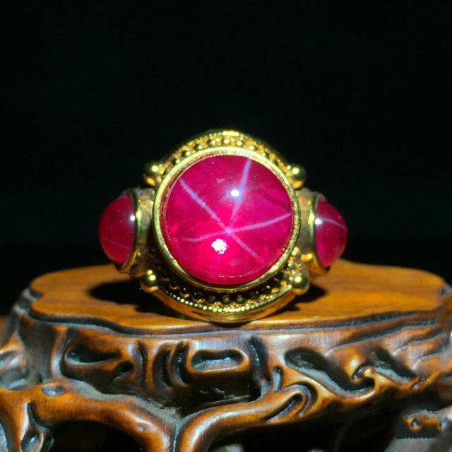 Đồ cổ nhà Thanh Starlight Ruby đôi phước lành nhẫn tròn với nhẫn mở dát vàng