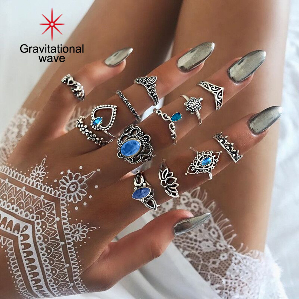 Gravitational wave 13Pcs Boho Hollow Stacking Ring Set Knuckle Midi Tip Finger Party Women Jewelry