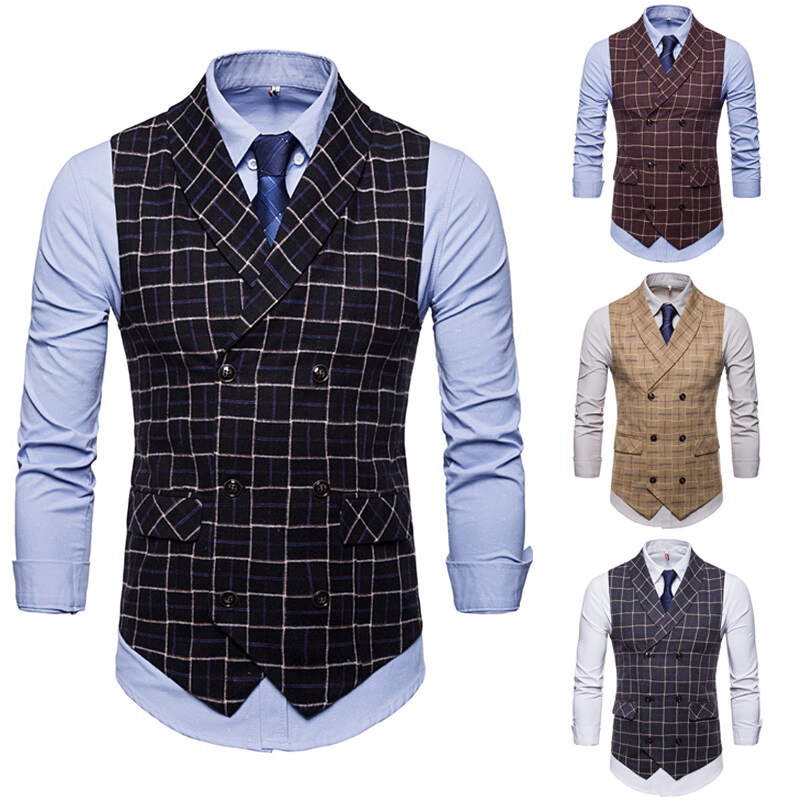 Mens Double Breasted Herringbone Tweed Peaky Blinders Vintage Check Waistcoat