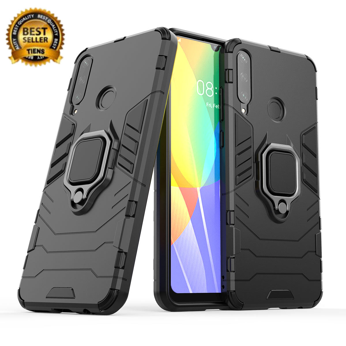 XICCI for Huawei Y6P Case, Silicone TPU and Hard PC Luxury Armor Shockproof Metal Ring Holder Cover Phone Casing