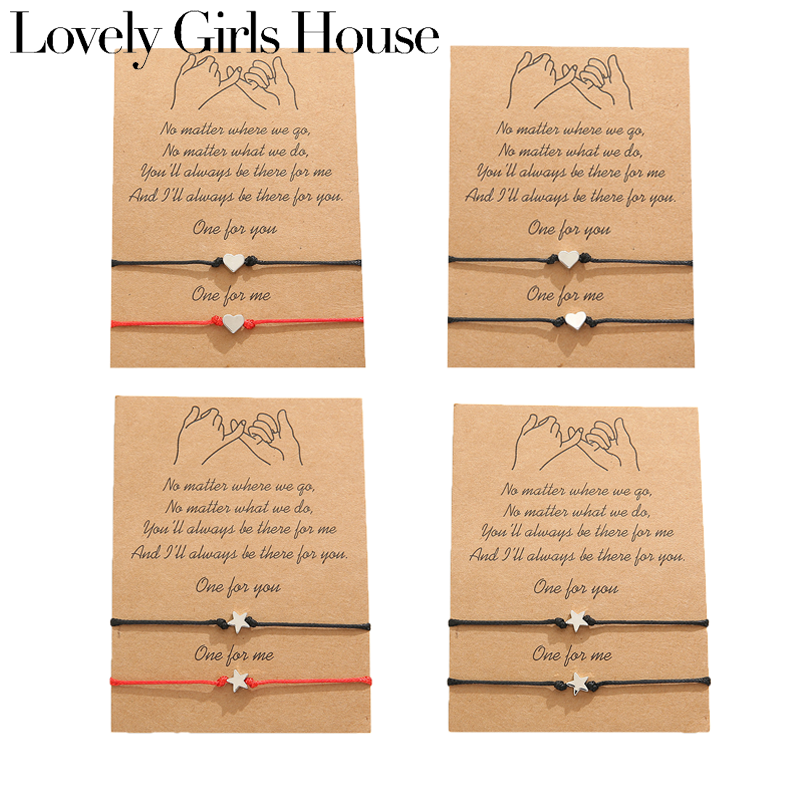 【♡Lovely girls house♡】2pcs / set Heart Star Compass Charm Couple Bracelet Black String Braids Couple Bracelet for Men Women Couple Bangle Wish Card