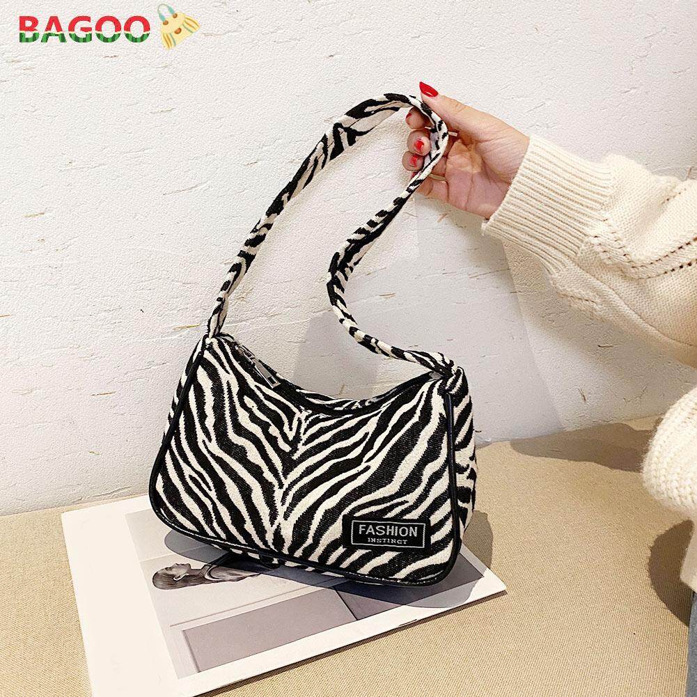 BAGOO Fashion Vintage Leopard Zebra Pattern Canvas Underarm Shoulder Bag Women Casual Street Travel Handbags Totes