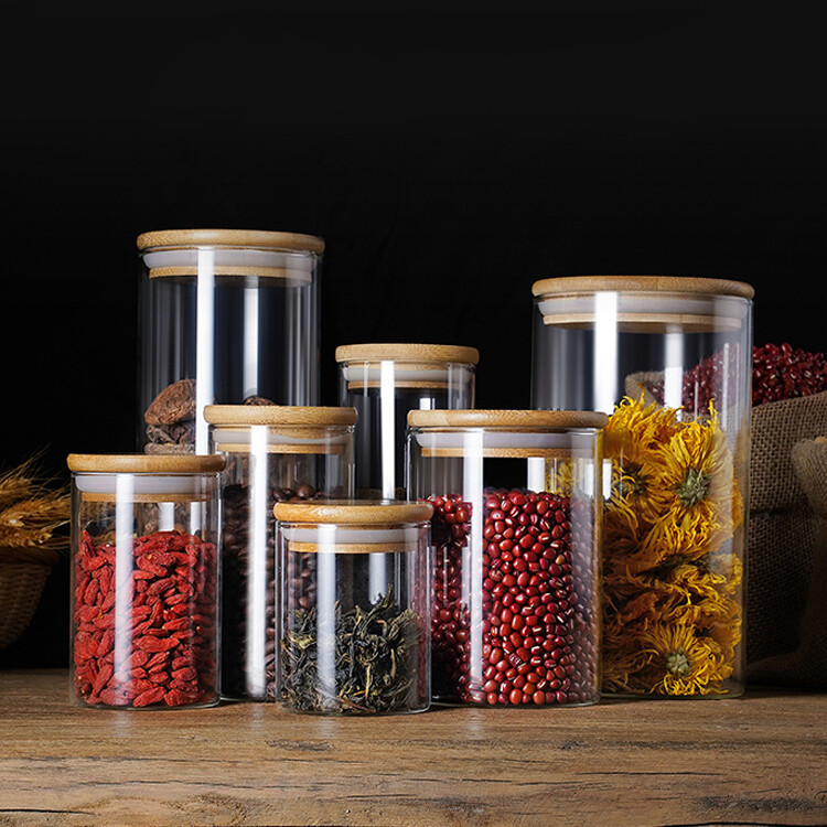 CNMF 1pcs Transparent Glass Storage Jar Kitchen Food Storage Bottle with Bamboo Lid Candy Coffee Beans Oat Airtight Jars