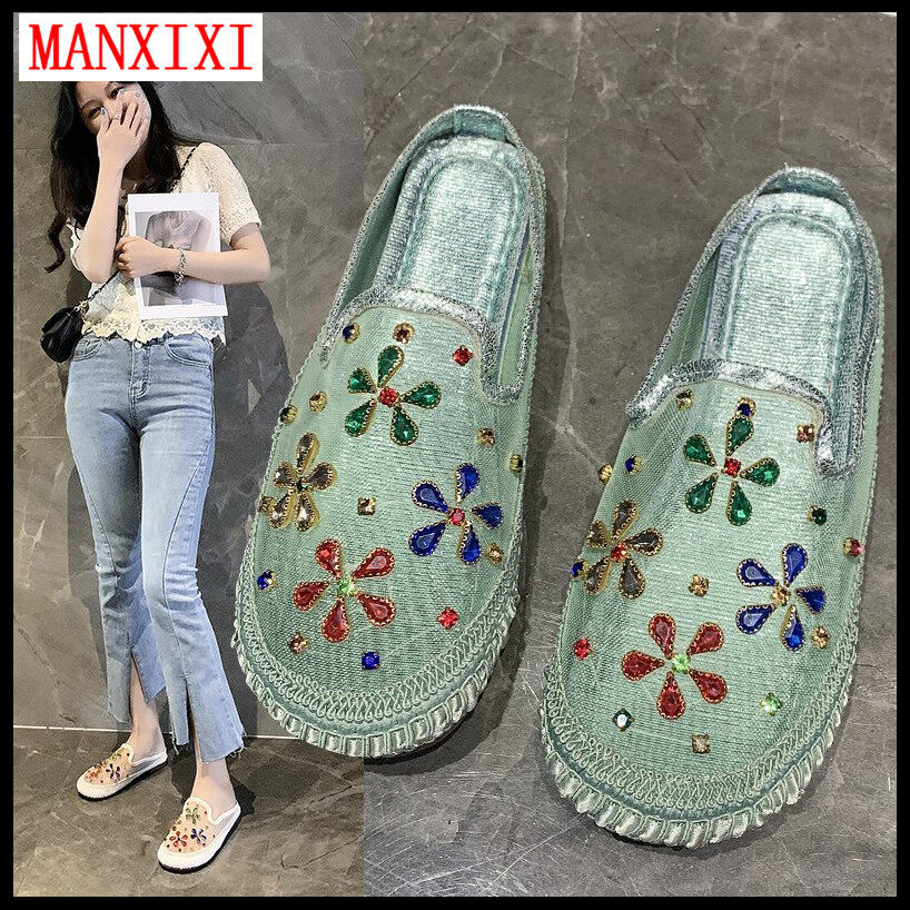 MANXIXI Brand Fashion Flat Slippers Beautiful Translucent Flowers Pearl Mules Sandals For Women (Size 35-40)