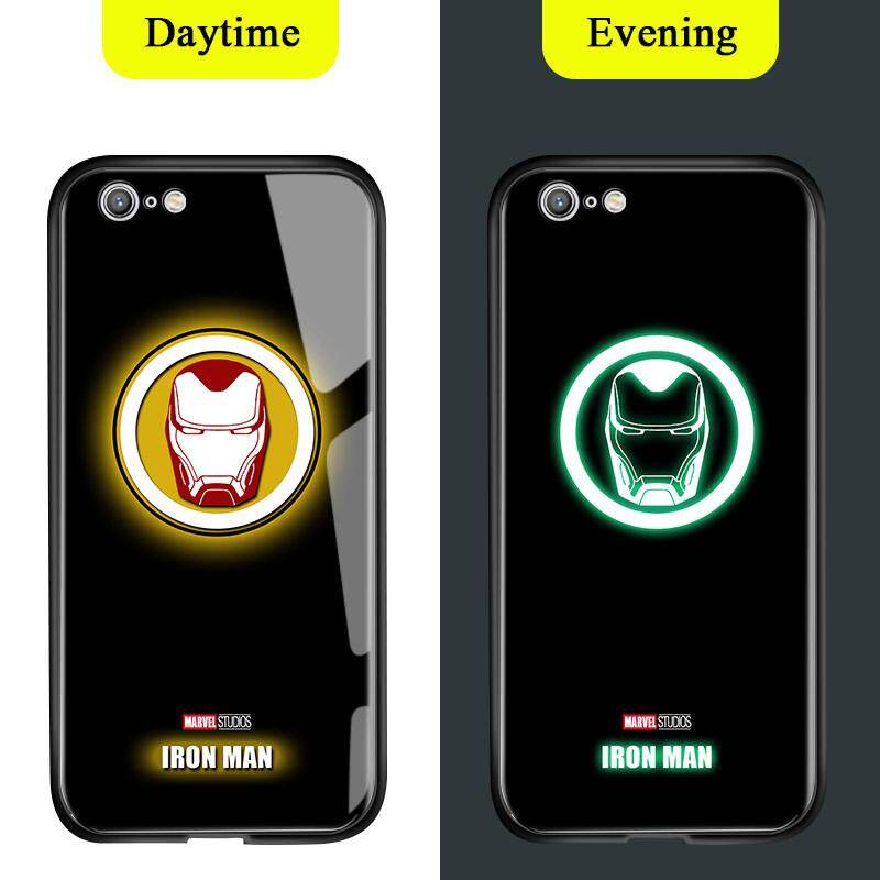 UCUC For iPhone X XS XR XS MAX 6 6s 7 8 Plus Casing, Luminous Glow In Dark Marvel Avenger Superhero Spiderman Ironman Thor Tempered Glass Back Cover Case for Apple iPhone 5 5S SE