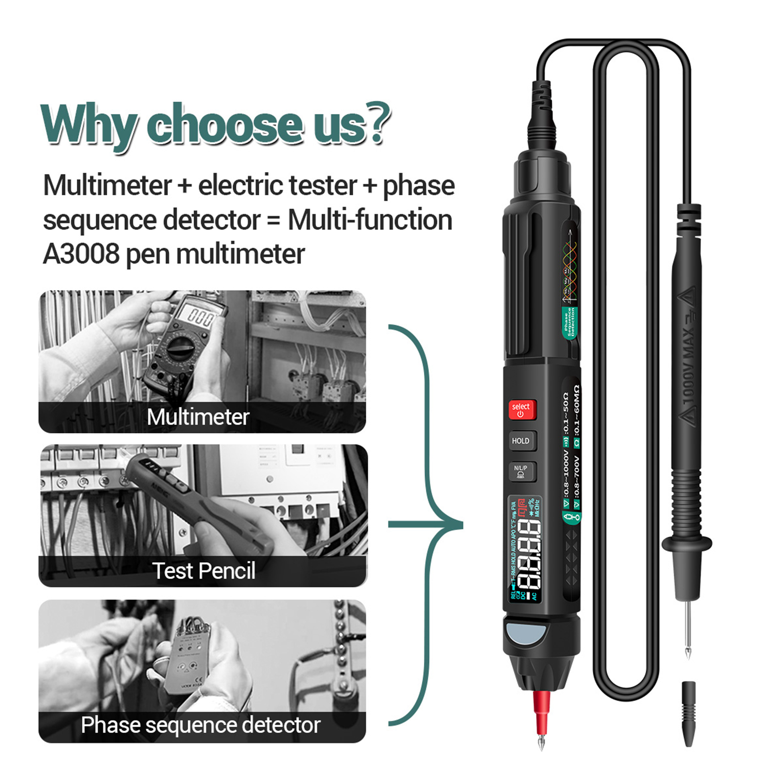 ANENG Đồng Hồ Vạn Năng Bút A3008 Đồng Hồ Vạn Năng Kỹ Thuật Số Đếm 6000 Đồng Hồ Đo Với Màn Hình LCD Đèn Pin Đèn Nền NCV Tự Động Tắt Nhiều Phụ Kiện Cho Điện Áp Điện Trở Dòng Điện Diode Điện Dung