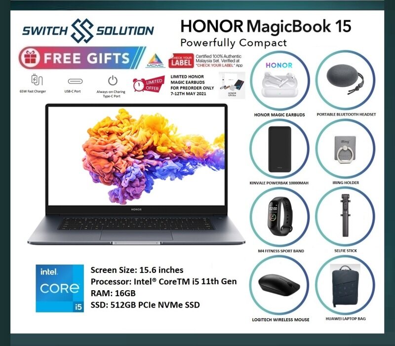 HONOR Magicbook 15 with 11th Gen Intel® Core i5-1135G7 Processor/16GB+ 512GB SSD/ Ultra-thin Laptop/ Fingerprint/ Wifi-6 2021 NEW Malaysia