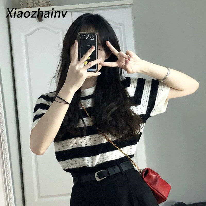Xiaozhinv Áo Thun Cổ Tròn dệt kim kẻ sọc tay ngắn cho nữ