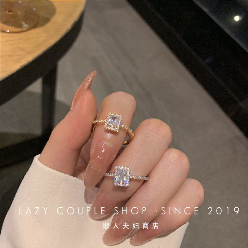 T-B French luxury zircon super flash Women ring niche design square diamond exquisite ring, adjustable opening ring women