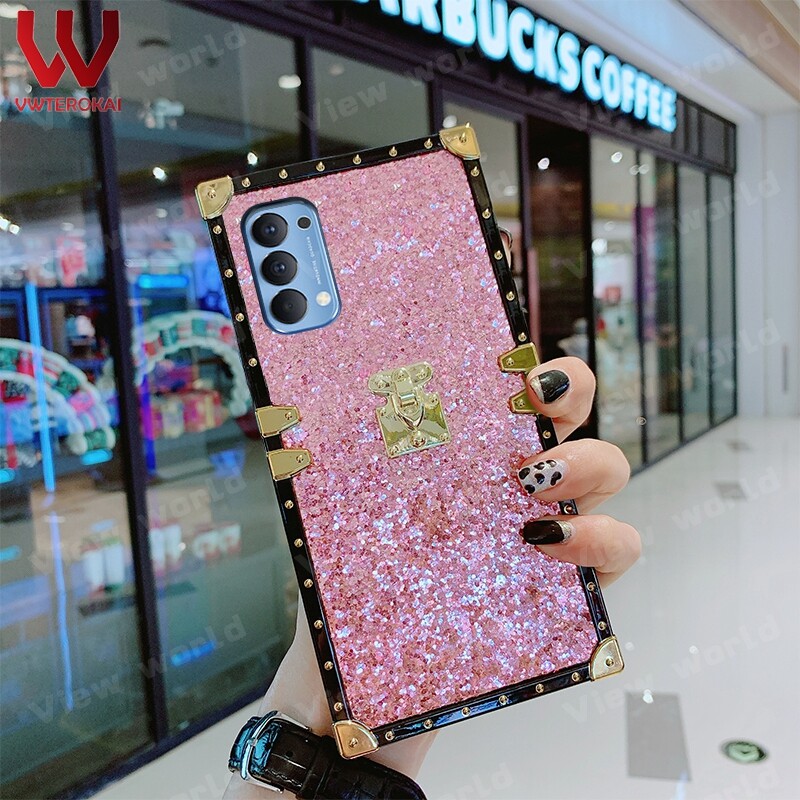 VWTEROKAI Luxury Bling Glitter Diamond Square Case Cover For OPPO Reno 4 4G / Reno 4 Pro 4G Reno 6 5G Reno 6 Pro oppo reno 6 4G Reno 4F Reno 2F Realme C15 C12 C11 C20 C21 C53 NFC C51 Soft Silicone Lady lovely Back Cover Case Phone Case