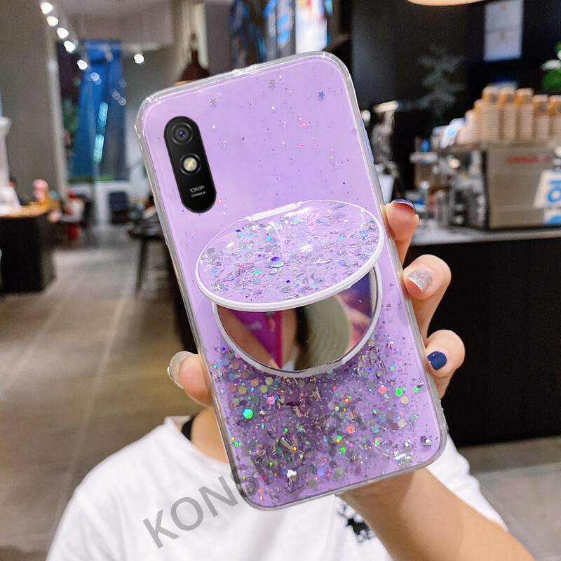KONSMART Bling Glitter Star Space Phone Case With Make-up Mirror Stand Holder For Xiaomi Redmi 9 9A 9C 8 8A 7 7A 6 6A Clear Soft TPU Back Cover for Redmi Note 9s Note 9 8 7 6 Pro