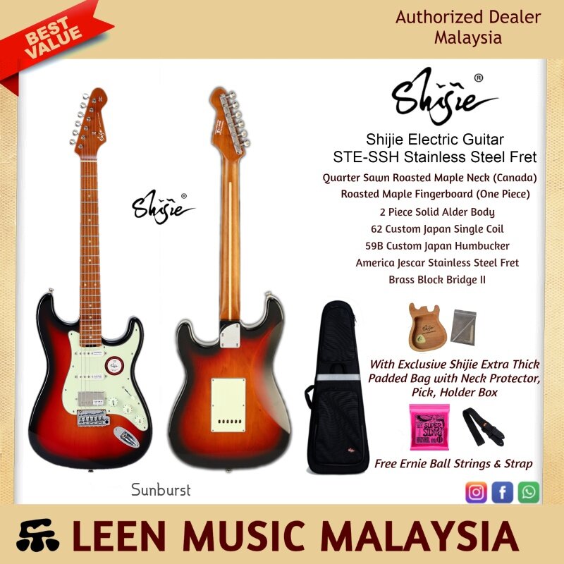 Shijie STE-SSH Stainless Steel Fret (Sunburst) Electric Guitar - High End specification and quality with extra thick padded bag and free gift - Leen Music Malaysia