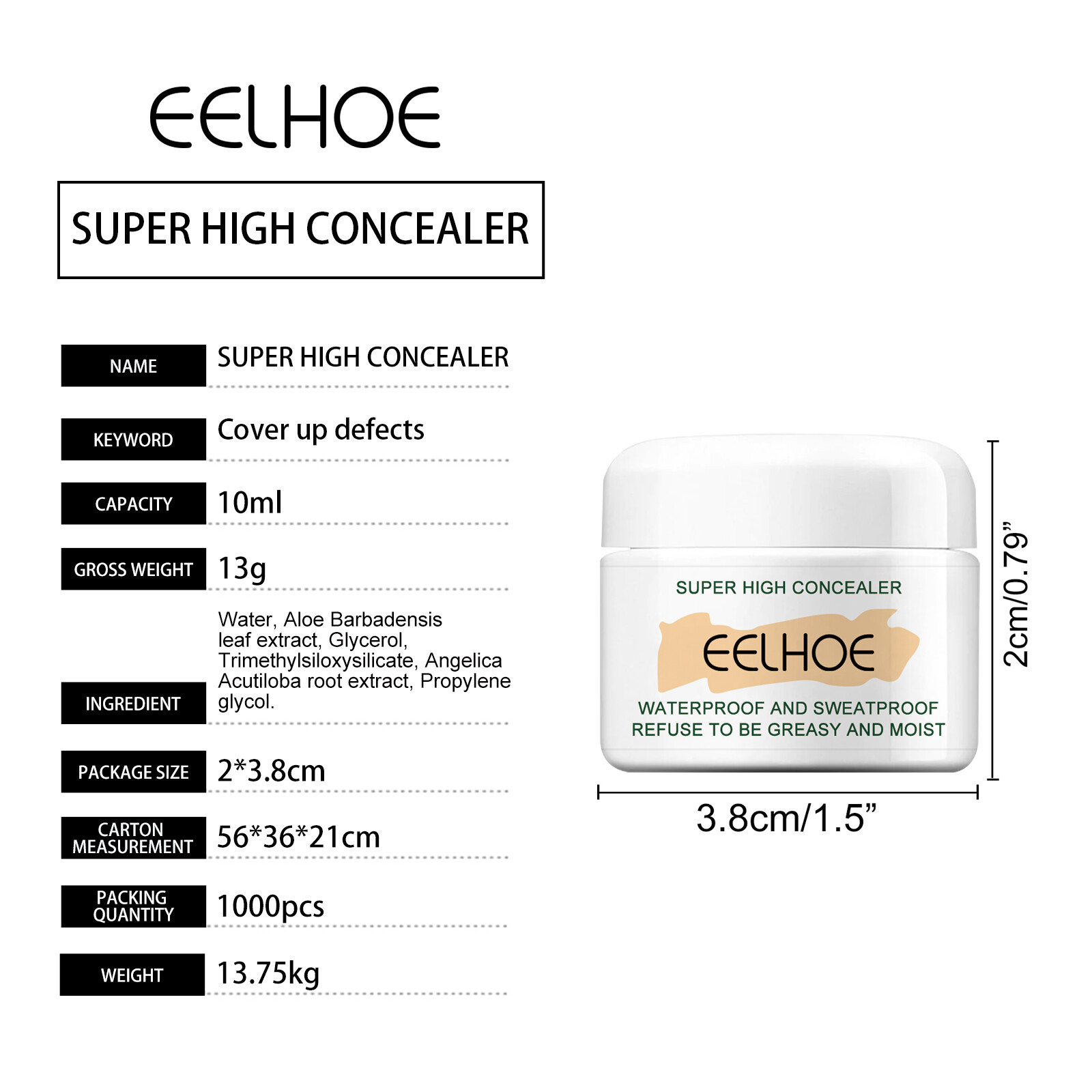 Eelhoe bảo hiểm đầy đủ che khuyết điểm mặt kem chuyên nghiệp lâu dài hoàn thiện cơ thể nền tảng Kem trang điểm mềm trang điểm mịn mượt cơ sở bảo hiểm đầy đủ khuôn mặt hoàn hảo Corrector Kem làm sáng da nền tảng mỹ phẩm (10g)