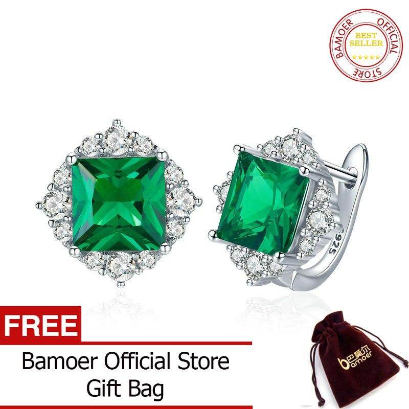 BAMOER Classic Genuine 925 Sterling Silver Green Square Zircon Stud Earrings for Women Wedding Earrings Silver Jewelry SCE540 Apr