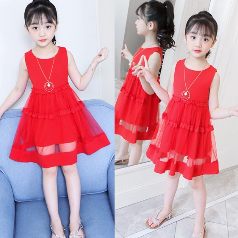 Giá bán 1 Chiếc Váy Không Tay Cho Bé Gái Màu Sắc Dễ Thương Kiểu Xếp Nếp Lưới Công Chúa Cho Trẻ Em 3-13 Tuổi Màu Đỏ Vàng