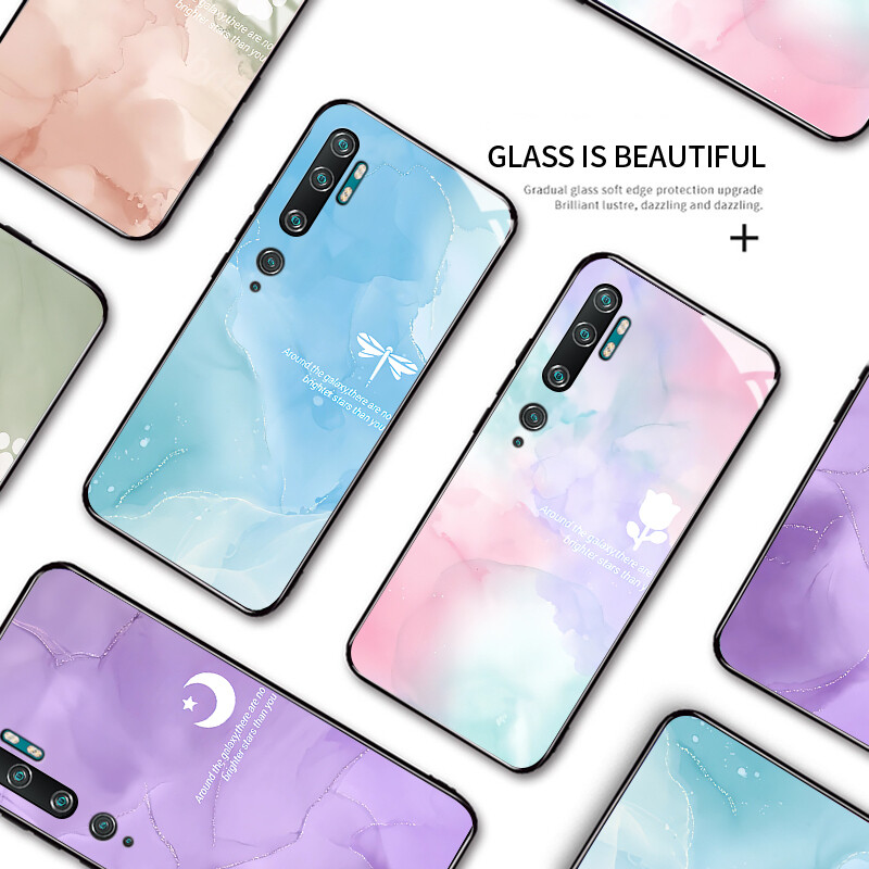 Jizetin Hard Case For Xiaomi MI Note 10 Note 10 Pro CC9 Pro Note10 Lite Multicolored Dreamlike Painting Design Shockproof Glossy Case Tempered Glass Back Cover Casing