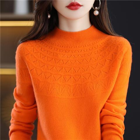Hollow Out Solid Color Knitted Sweater Women's Half High Collar Loose Pullover Long Sleeved Sweater Korean Version Versatile Short Style Knitted Sweater Worn Inside and Outside