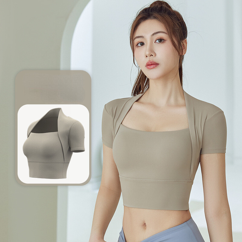 SUPERFLOWER Neues lässiges Sport-Top für Damen, einteilig, feste Brustpolster, Canshoulder-Yoga-Anzug, kurzärmeliges T-Shirt_voghion.com