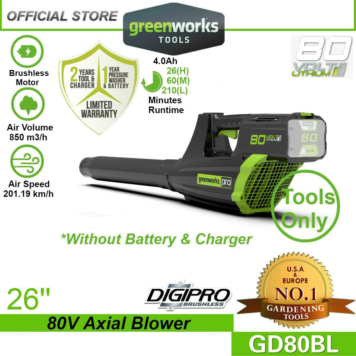 Greenworks pro 80v online cordless brushless axial blower