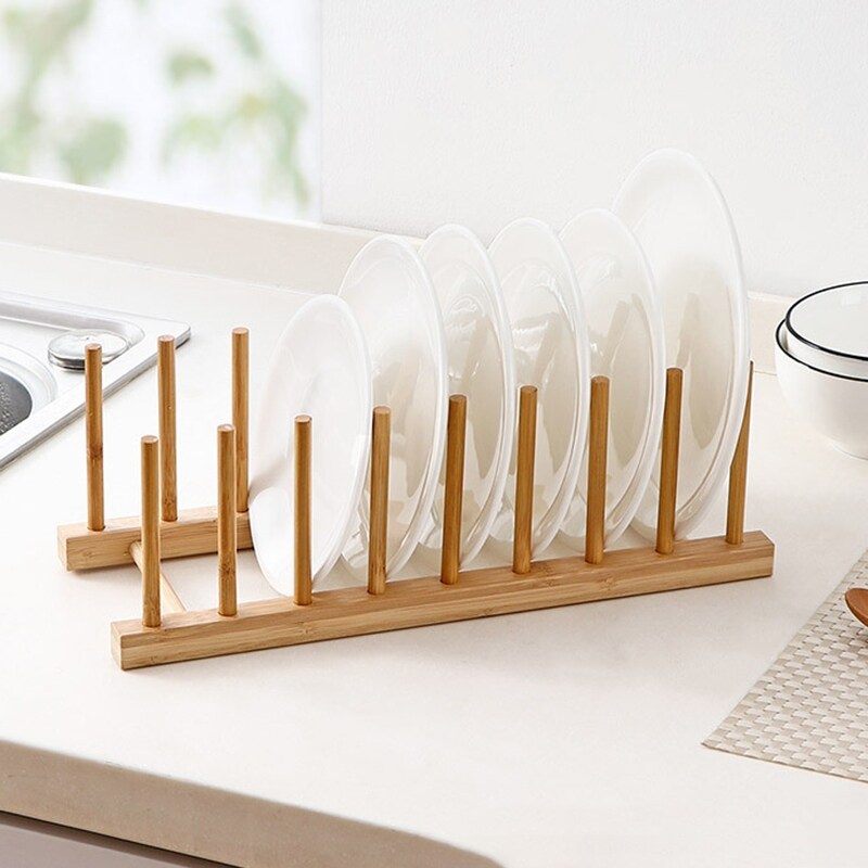 {hot} Dinnerware Plate Drying Shelf Storage Organizer Kitchen Dish Drain Rack Wooden Book Cup Display Stand 8 layers Drainer Holder G