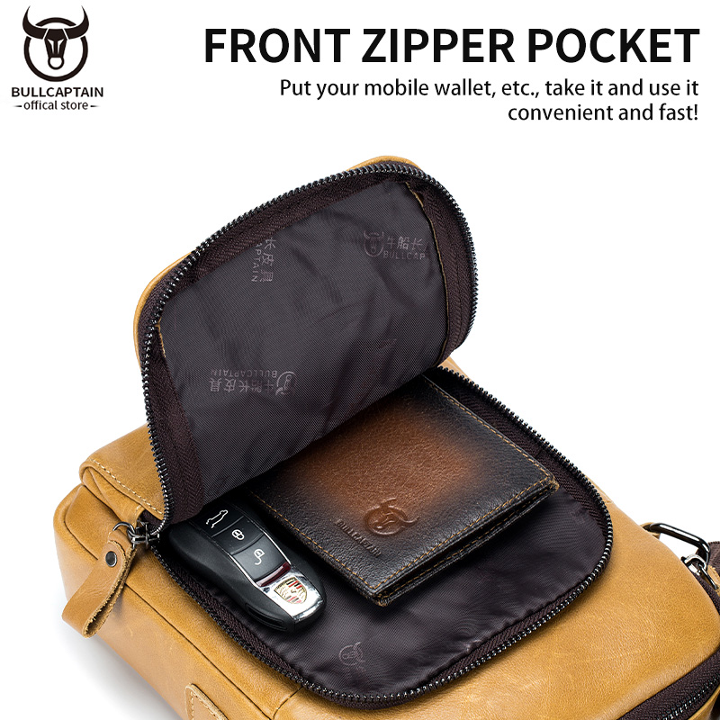 BULLCAPTAIN Leather Shoulder Messenger Bag Men's Classic Retro Multifunctional Double-Layer Storage Hanging Keychain Handbag