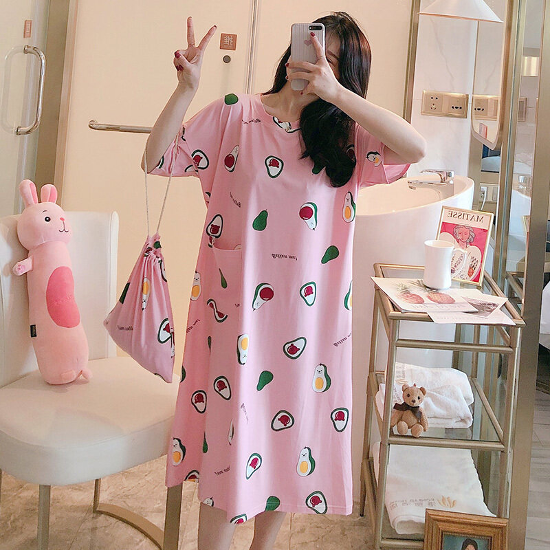 Nơi bán 2020 Hình Hoạt Hình Cho Nữ Ngủ Bơ In Trái Cây Đáng Yêu Màu Hồng Mềm Ngủ Cotton DRESS Vịt Vàng Tay Ngắn Đơn Giản Nightdress