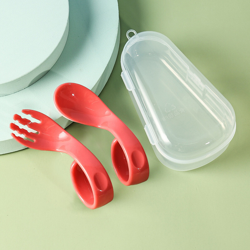 IP Baby Training Spoon Curved Handle Fork Spoon Set Elbow Spoon Children's Cutlery Storage Box Baby Spoon for Autonomous Eating