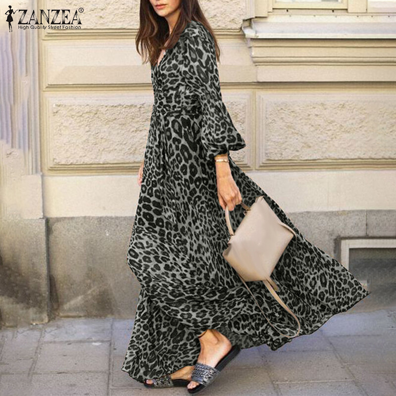 ZANZEA Women Leopard Print Dress Cocktail Evening Party V-Neck Long Maxi Dresses