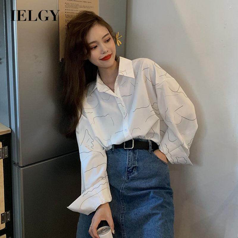 IELGY retro Hong Kong style print Korean style loose niche design blouse long-sleeved shirt women