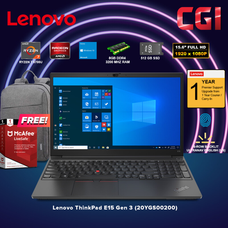 Lenovo 15.6 Laptop ThinkPad E15 Gen 3 AMD Ryzen 7 5700U Processor AMD Radeon Graphics Win10Home 8GB RAM 512GB SSD (20YGS00200) Malaysia