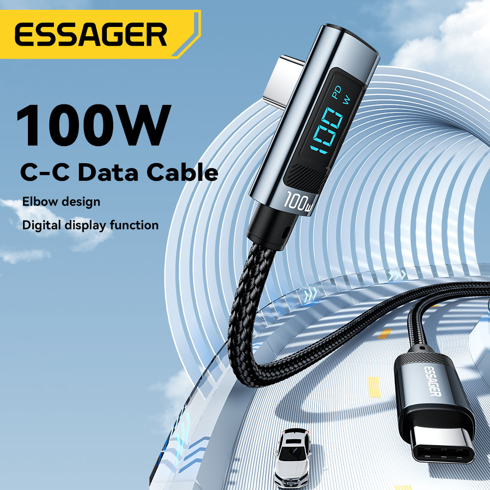 Essager Pd 100W Loại C Để Loại C Cáp Khuỷu Tay Màn hình hiển thị kỹ thuật số USB2.0 USBC Nhanh Chóng Sạc Điện Thoại Di Động Dữ Liệu Dây Cho Máy Tính Xách Tay Xiaomi cá mập đen điện thoại di động