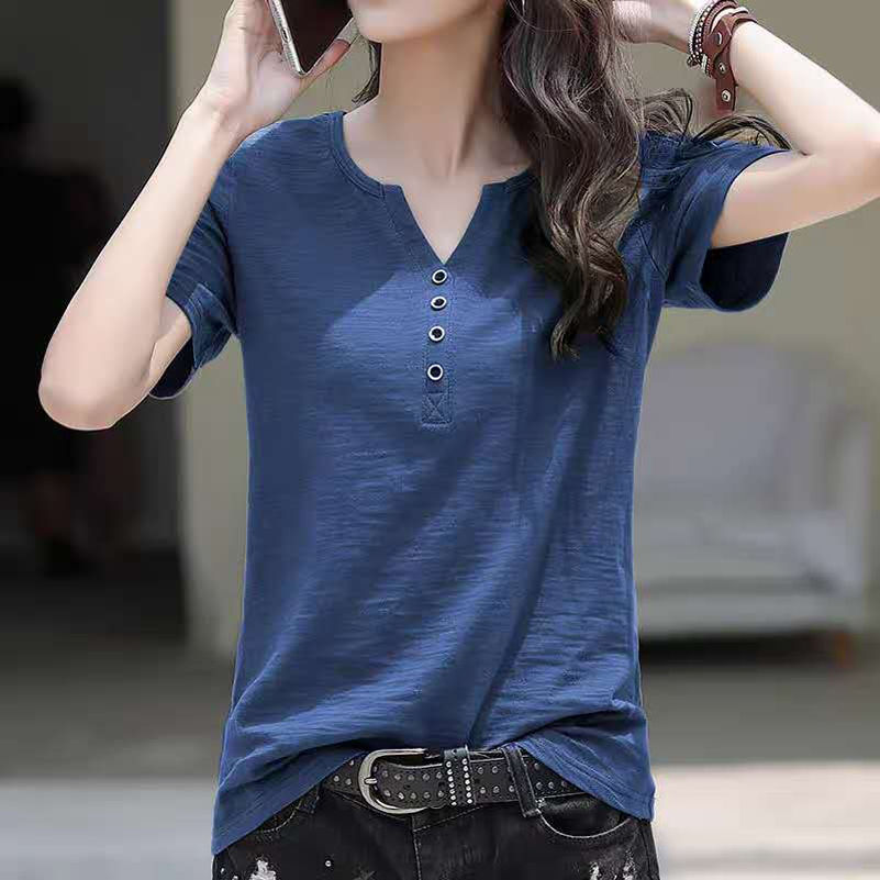 Fashion V-Neck Cotton T-Shirts Women Slim Fit Summer Tops Casual Short  Sleeve Female T-shirt | Lazada PH