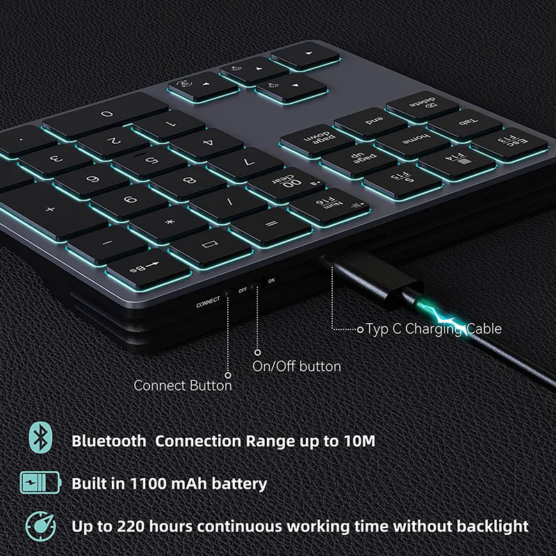 SeenDa Backlight Numeric Keypad RGB Bluetooth Rechargeable Number Pad 34-Key Slim External Numpad Keyboard Data Entry