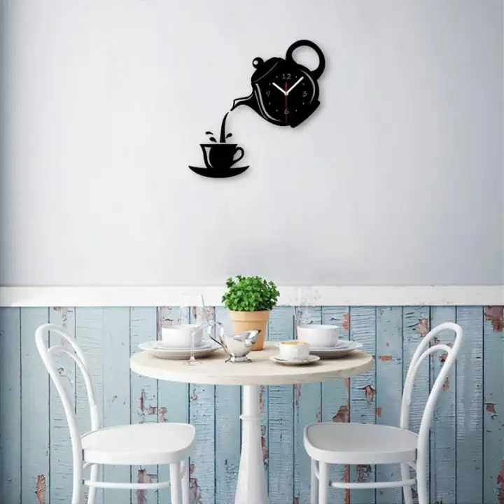 Creative Diy Acrylic Coffee Cup Teapot 3d Wall Clock Decorative
