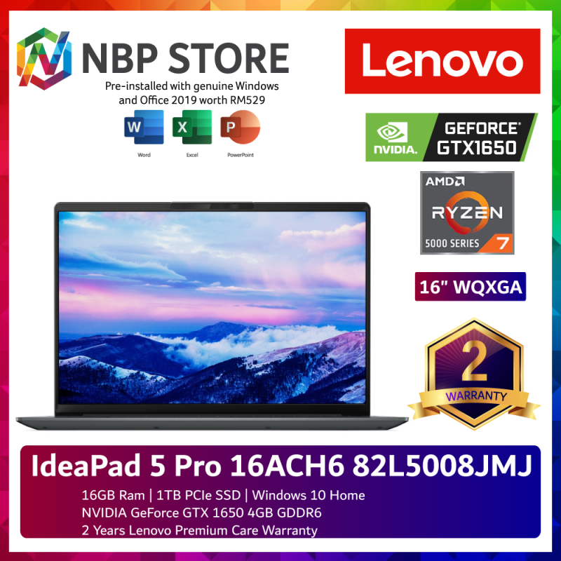 Lenovo IdeaPad 5 Pro 16ACH6 82L5008JMJ 16 WQXGA Laptop Storm Grey ( Ryzen 7 5800H, 16GB, 1TB SSD, GTX1650 4GB, W10, HS ) Malaysia